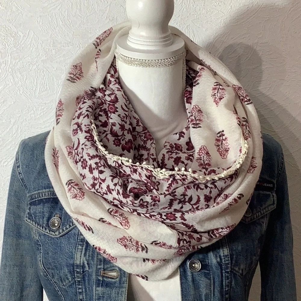 Maurices - Infinity Scarf - lace trim - two different patterns - cream burgundy